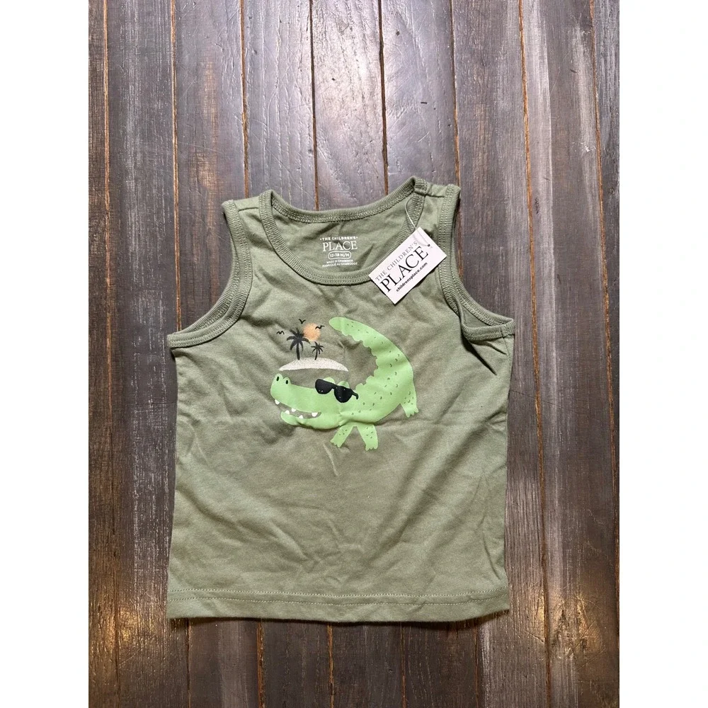 The Childrens Place Boys Green Alligator Graphic Tank Top Size 12-18M NWT